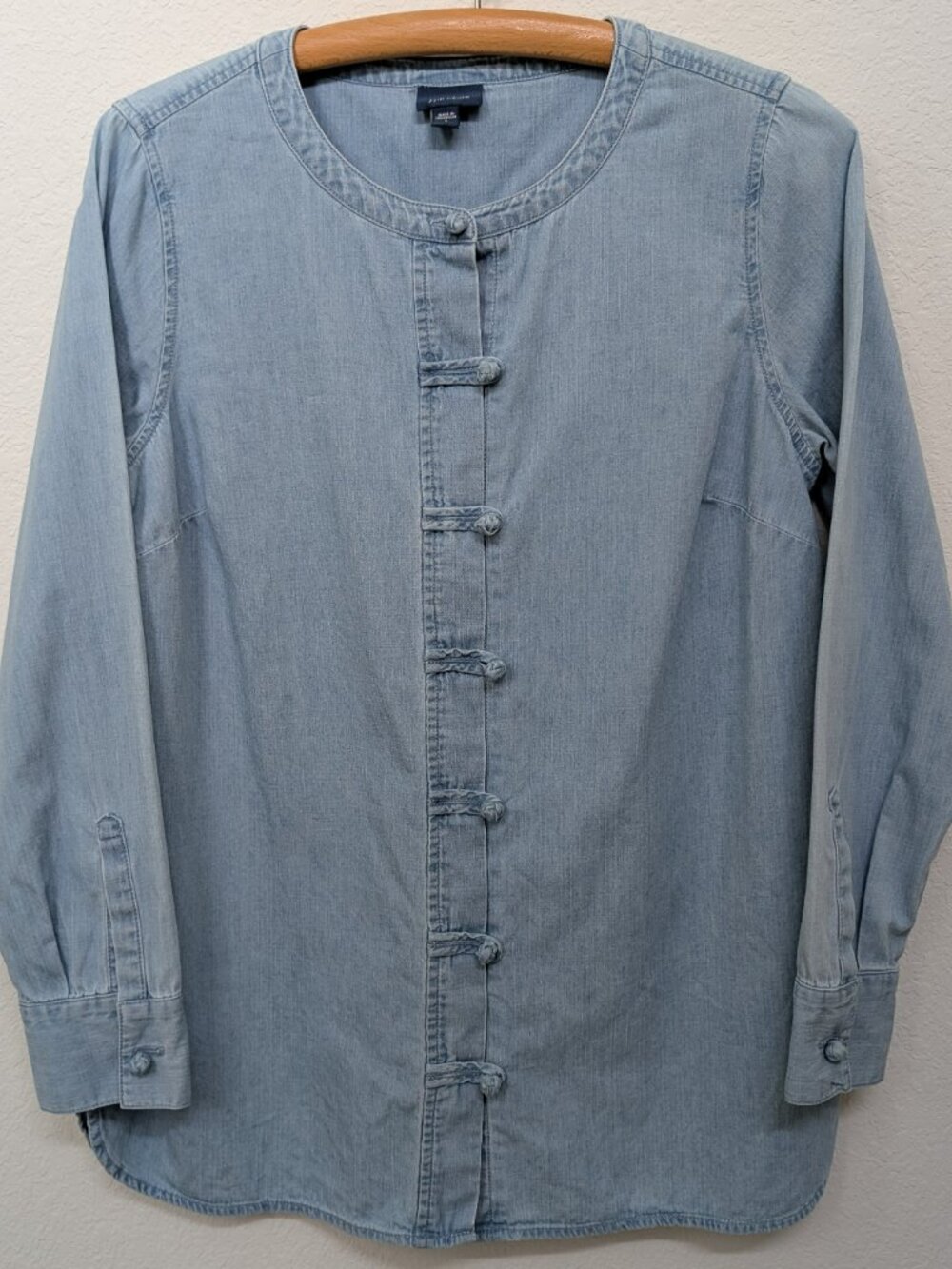 J. Jill Light Wash Denim Shirt Mandarin Collar Knot Buttons 100% Cotton Size S